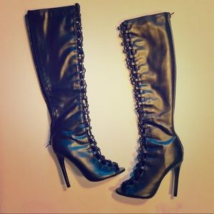 Black Faux Leather Lace Up Boots
